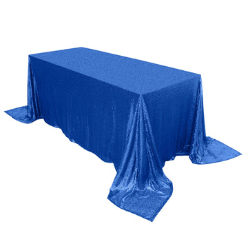 90"x132" Royal Blue Seamless Premium Sequin Rectangle Tablecloth for 6 Foot Table With Floor-Length Drop