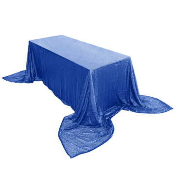 90x156" Royal Blue Seamless Premium Sequin Rectangle Tablecloth for 8 Foot Table With Floor-Length Drop