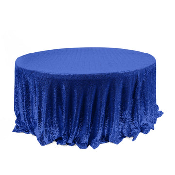 120" Royal Blue Seamless Premium Sequin Round Tablecloth for 5 Foot Table With Floor-Length Drop