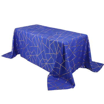 Polyester 90"x132" Rectangle Tablecloth Royal Blue with Gold Foil Geometric Pattern - Wrinkle-Resistant Seamless Table Cover