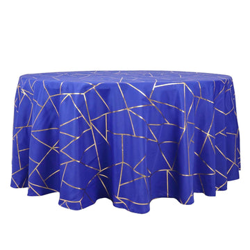 Polyester 120" Round Tablecloth Royal with Gold Foil Geometric Pattern Wrinkle-Resistant Seamless Table Cover