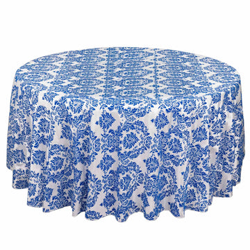120" Royal Blue Seamless Round Velvet Flocking Design Taffeta Damask Tablecloth for 5 Foot Table With Floor-Length Drop