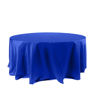 120" Royal Blue Seamless Satin Round Tablecloth for 5 Foot Table With Floor-Length Drop