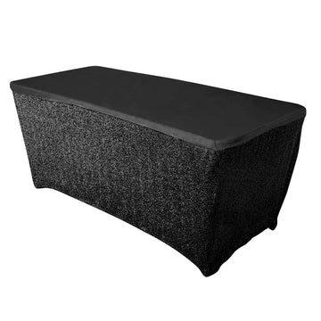 6ft Ruffled Metallic Black Spandex Table Cover With Plain Top, Rectangular Fitted Tablecloth