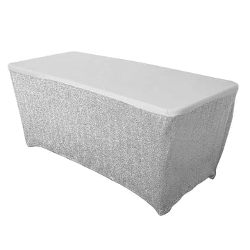 6ft Ruffled Metallic Silver Spandex Table Cover With Plain Top, Rectangular Fitted Tablecloth