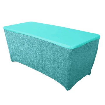 Metallic Turquoise Spandex Rectangle Tablecloth 6ft Ruffled Fitted Table Cover for 72"x30" Tables