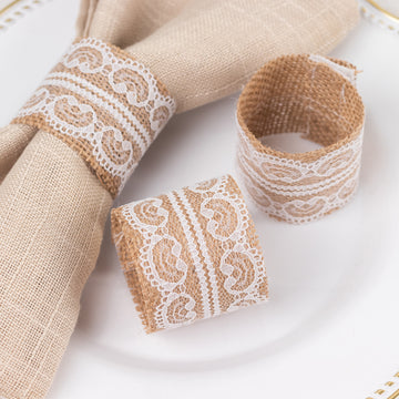 6 Pack | Rustic Boho Chic Burlap and Lace Napkin Rings, Farmhouse Style Jute Serviette Buckles Holder