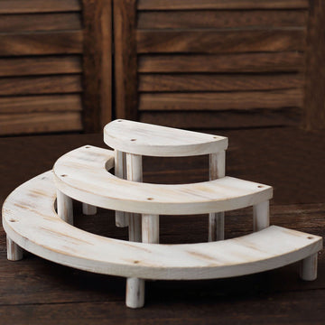 Set of 3 Rustic Whitewashed Half Moon 3-Tier Wooden Cupcake Stands, Semi Circle Pedestal Dessert Display Risers - 7", 13", 18"