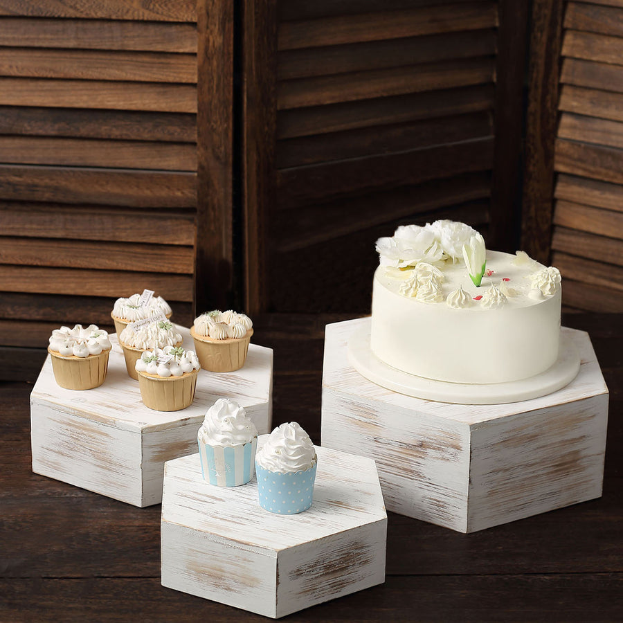 Set of 3 | Rustic Whitewashed Hexagonal Wooden Riser Cake Stands