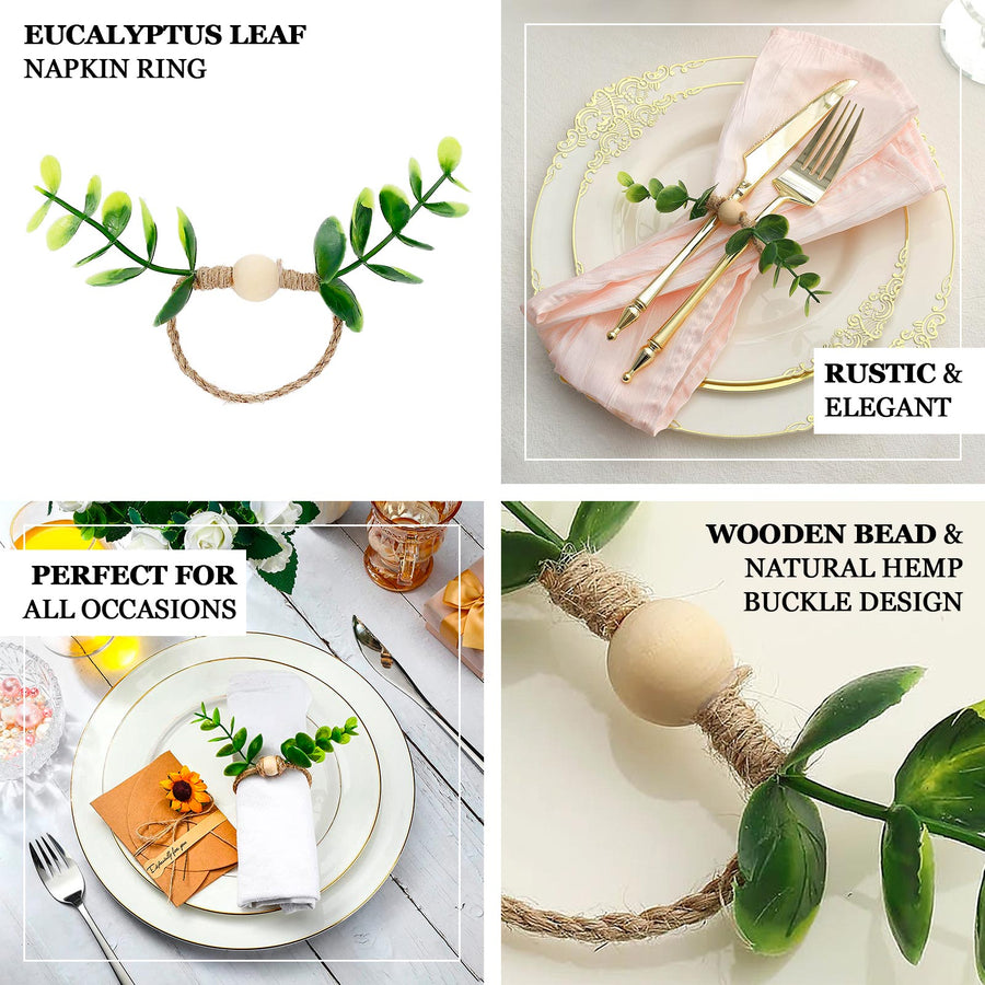 8 Pack | Rustic Green Eucalyptus Leaf Wooden Beaded Jute Napkin Rings, Handmade Farmhouse Burlap Napkin Serviette Buckle Holders