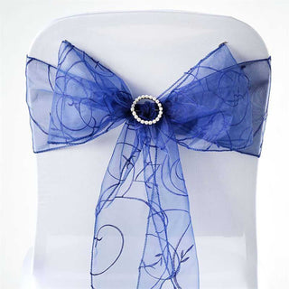 Elegant Navy Blue Embroidered Organza Chair Sashes