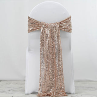 Rose gold sequin chair sash on a white chair