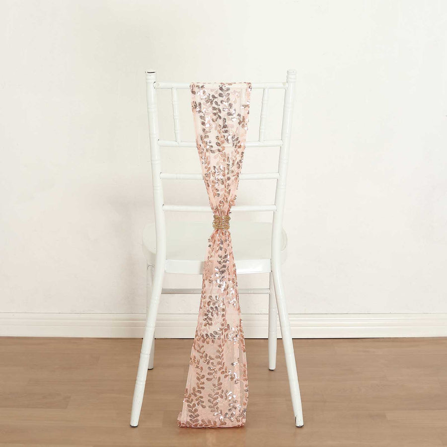 5 Pack Rose Gold Tulle Wedding Chair Sashes with Leaf Vine Embroidered Sequins