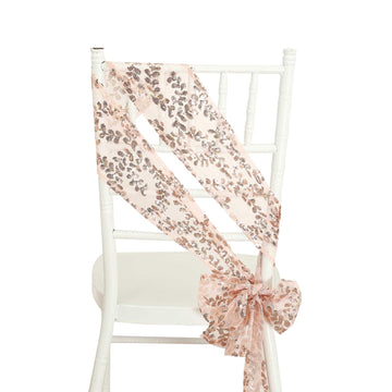 5 Pack Rose Gold Tulle Wedding Chair Sashes with Leaf Vine Embroidered Sequins - 6"x88"