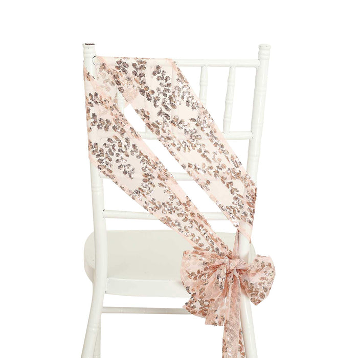 5 Pack Rose Gold Tulle Wedding Chair Sashes with Leaf Vine Embroidered Sequins