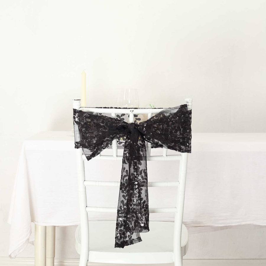 5 Pack Black Tulle Wedding Chair Sashes with Leaf Vine Embroidered Sequins