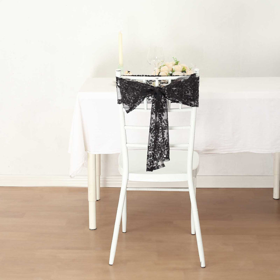 5 Pack Black Tulle Wedding Chair Sashes with Leaf Vine Embroidered Sequins