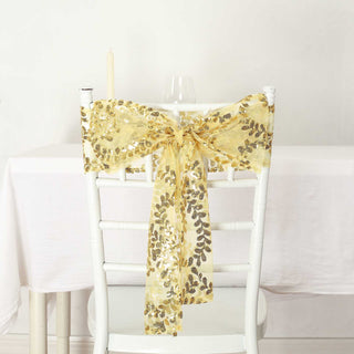 Make Every Chair Shine with Chair Sashes Featuring Leaf Vine Embroidery and Sequins