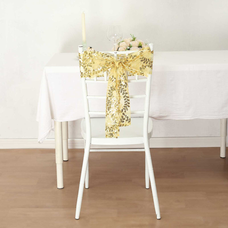 5 Pack Gold Tulle Wedding Chair Sashes with Leaf Vine Embroidered Sequins