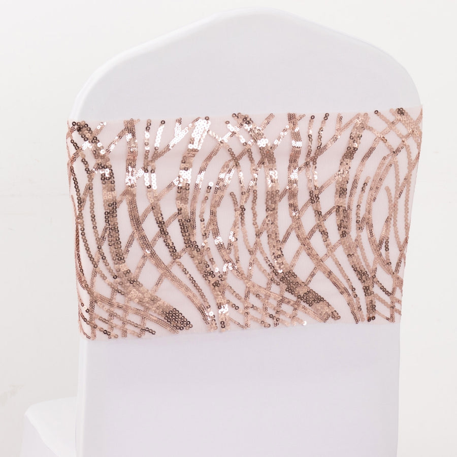 5 Pack Blush Rose Gold Wave Chair Sash Bands With Embroidered Sequins#whtbkgd