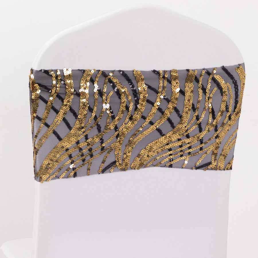 5 Pack Black Gold Wave Chair Sash Bands With Embroidered Sequins