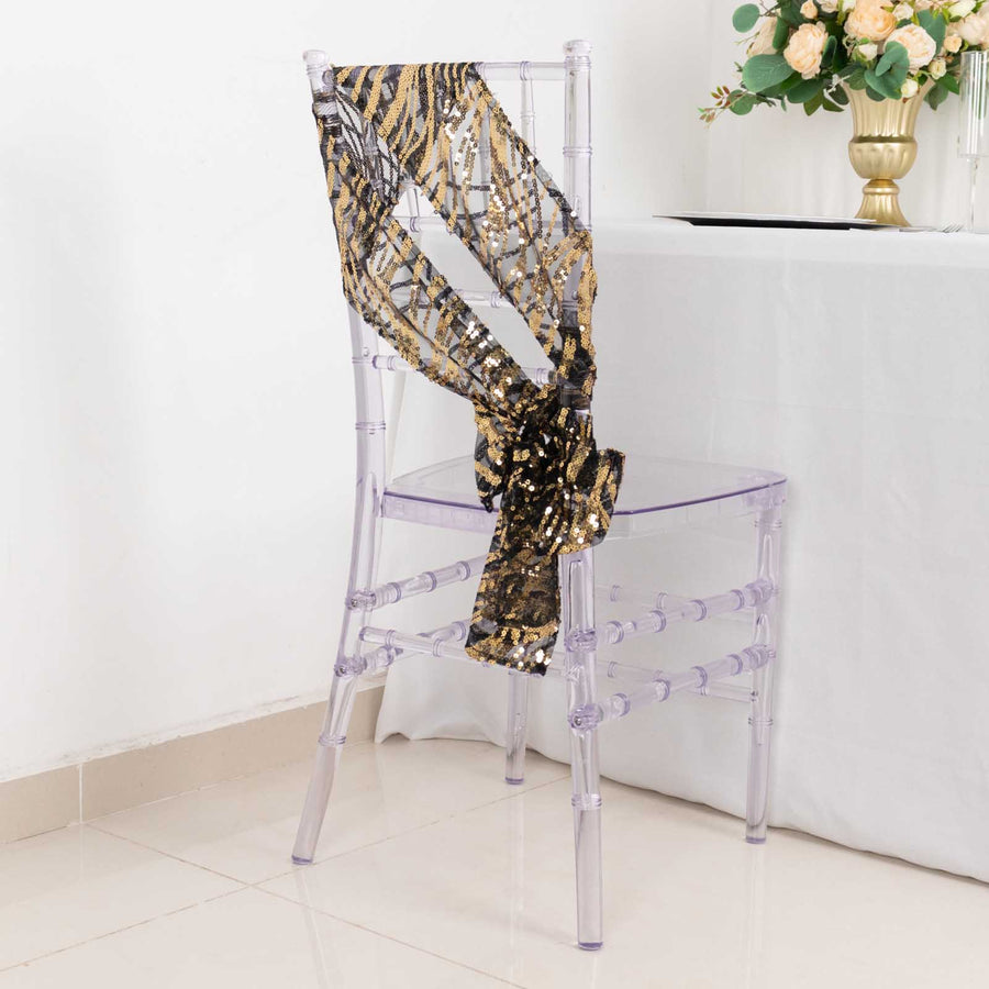 6inch x 88inch Black Gold Wave Embroidered Sequin Mesh Chair Sashes