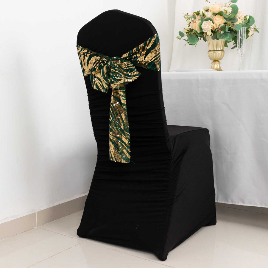 6inch x 88inch Hunter Emerald Green Gold Wave Embroidered Sequin Mesh Chair Sashes