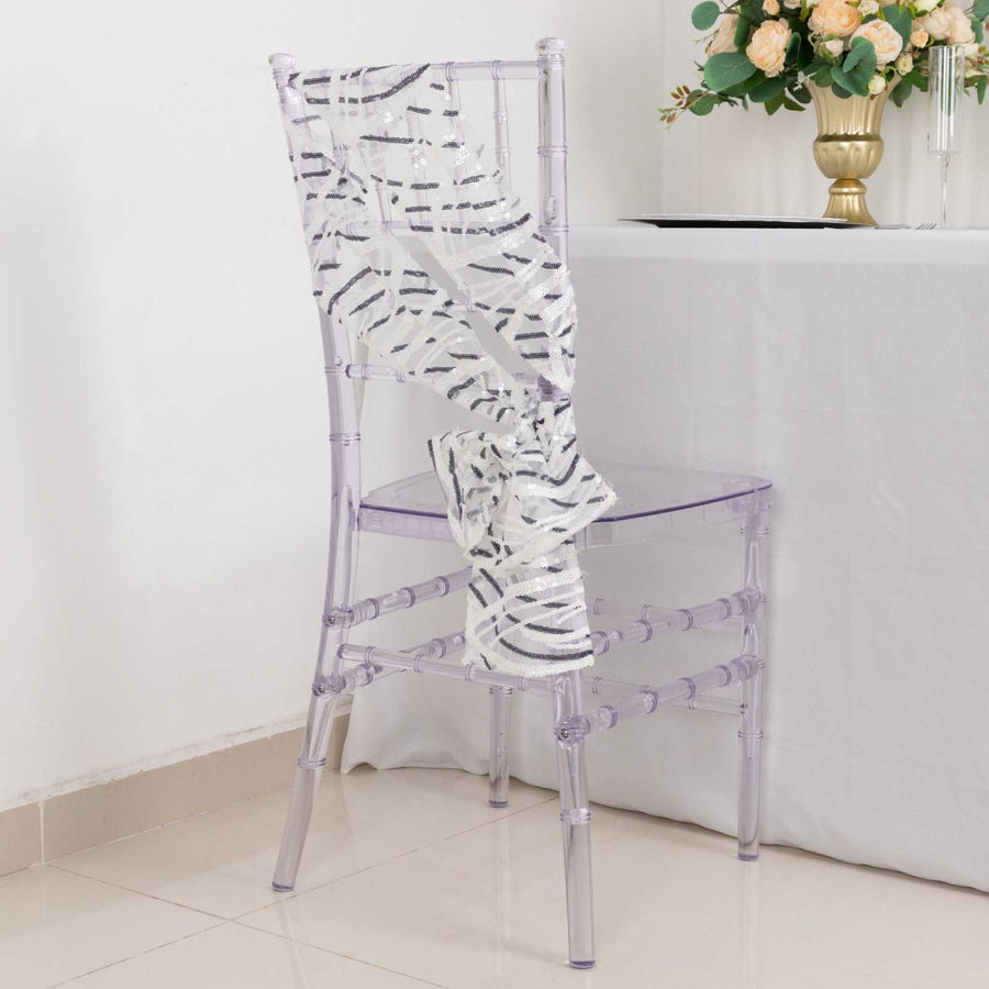 6inch x 88inch White Black Wave Embroidered Sequin Mesh Chair Sashes