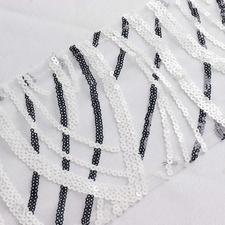 6inch x 88inch White Black Wave Embroidered Sequin Mesh Chair Sashes#whtbkgd