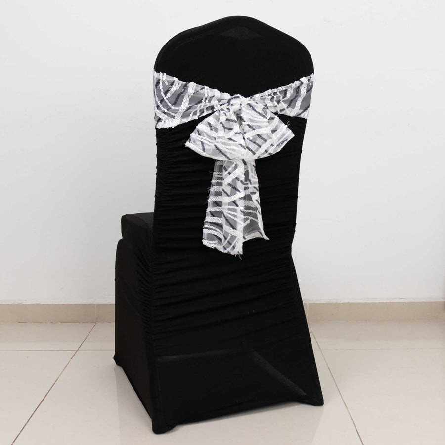 6inch x 88inch White Black Wave Embroidered Sequin Mesh Chair Sashes