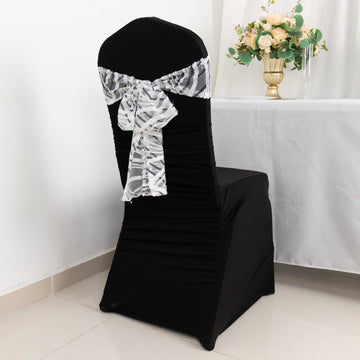5 Pack 6"x88" White Black Wave Embroidered Sequin Mesh Chair Sashes