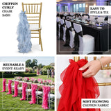 Chiffon curly chair sash in blue and red for event decor. Stylish and reusable.