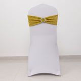 5 Pack Gold Shimmer Tinsel Spandex Stretch Chair Sashes With Round Silver Rhinestone Chair Buckles