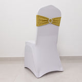 5 Pack Gold Shimmer Tinsel Spandex Stretch Chair Sashes With Round Silver Rhinestone Chair Buckles