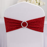 5 Pack Red Shimmer Tinsel Spandex Stretch Chair Sashes With Round Silver Rhinestone Chair Buckles