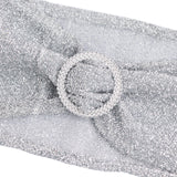 5 Pack Silver Shimmer Tinsel Spandex Stretch Chair Sashes With Round Silver Rhinestone#whtbkgd