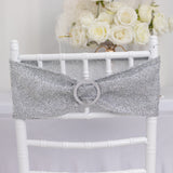 5 Pack Silver Shimmer Tinsel Spandex Stretch Chair Sashes With Round Silver Rhinestone Chair Buckles