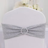 5 Pack Silver Shimmer Tinsel Spandex Stretch Chair Sashes With Round Silver Rhinestone Chair Buckles