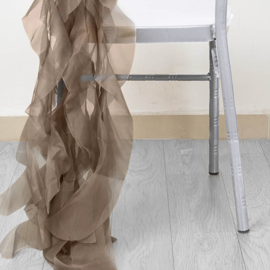 1 Set Taupe Chiffon Hoods With Ruffles Willow Chiffon Chair Sashes#whtbkgd
