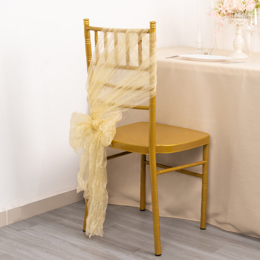 5 Pack Champagne Sheer Crinkled Organza Chair Sashes, Premium Shimmer Chiffon Layered Chair Sashes