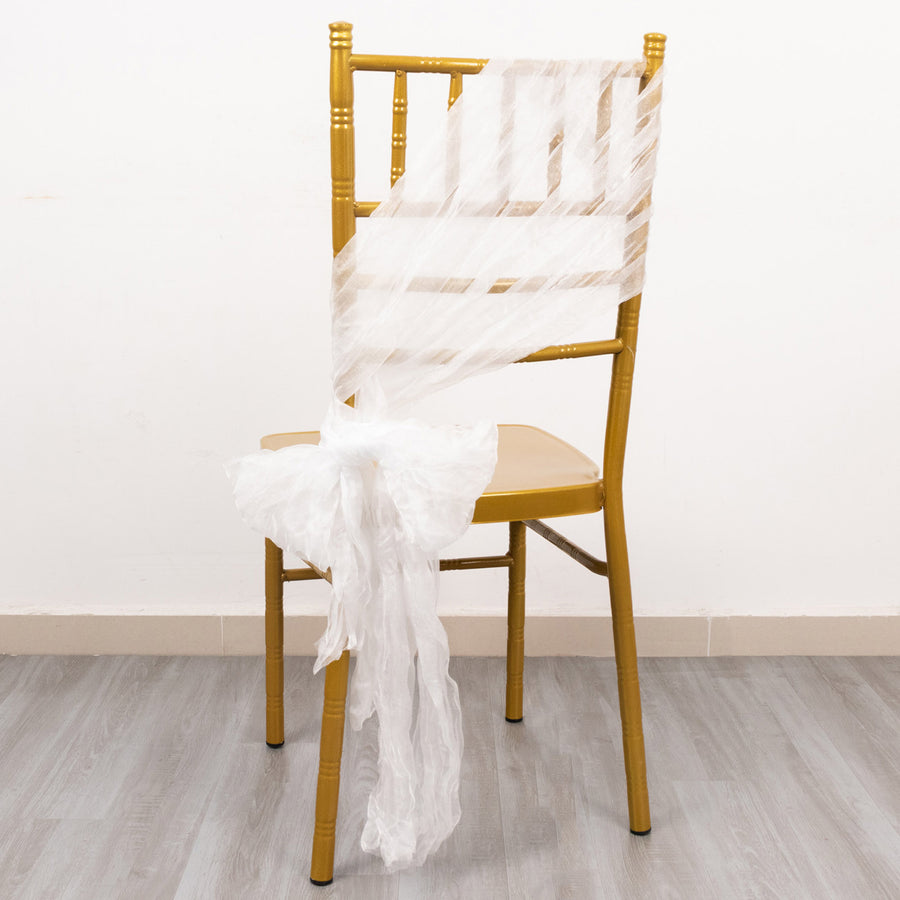 5 Pack White Sheer Crinkled Organza Chair Sashes, Premium Shimmer Chiffon Layered Chair Sashes