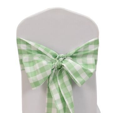 5 Pack Polyester Chair Sashes Sage Green/White Buffalo Plaid - Durable & Reusable Chair Bows 6"x108"