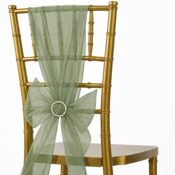 20 Pack Organza Chair Sashes Dusty Sage Green 6"x108" – Reusable Sheer Wedding Chair Bows