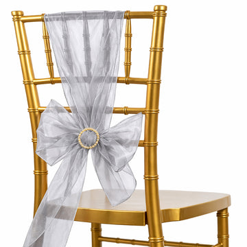 20 Pack Organza Chair Sashes Silver 6"x108" – Reusable Sheer Wedding Chair Bows