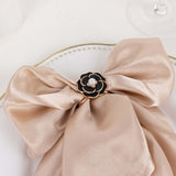 10 Pack Black Pearl Floral Metal Chair Sash Bow Pins with Gold Rim, 3D Rose Shaped