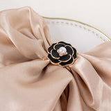 10 Pack Black Pearl Floral Metal Chair Sash Bow Pins with Gold Rim, 3D Rose Shaped