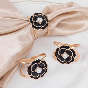 10 Pack Black Pearl Floral Metal Chair Sash Bow Pins with Gold Rim, 3D Rose Shaped Scarf Buckle Napkin Rings