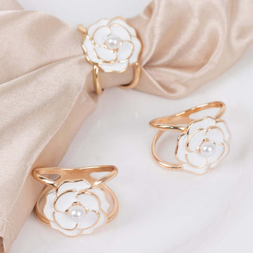 10 Pack White Pearl Floral Metal Chair Sash Bow Pins with Gold Rim, 3D Rose Shaped Scarf Buckle Napkin Rings