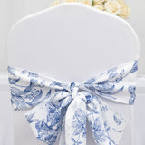 6"x108" White Blue French Toile Polyester Chair Sashes, Elegant Chair Ties for Weddings, Parties, Banquets