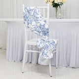 6"x108" White Blue French Toile Polyester Chair Sashes, Elegant Chair Ties for Weddings, Parties, Banquets